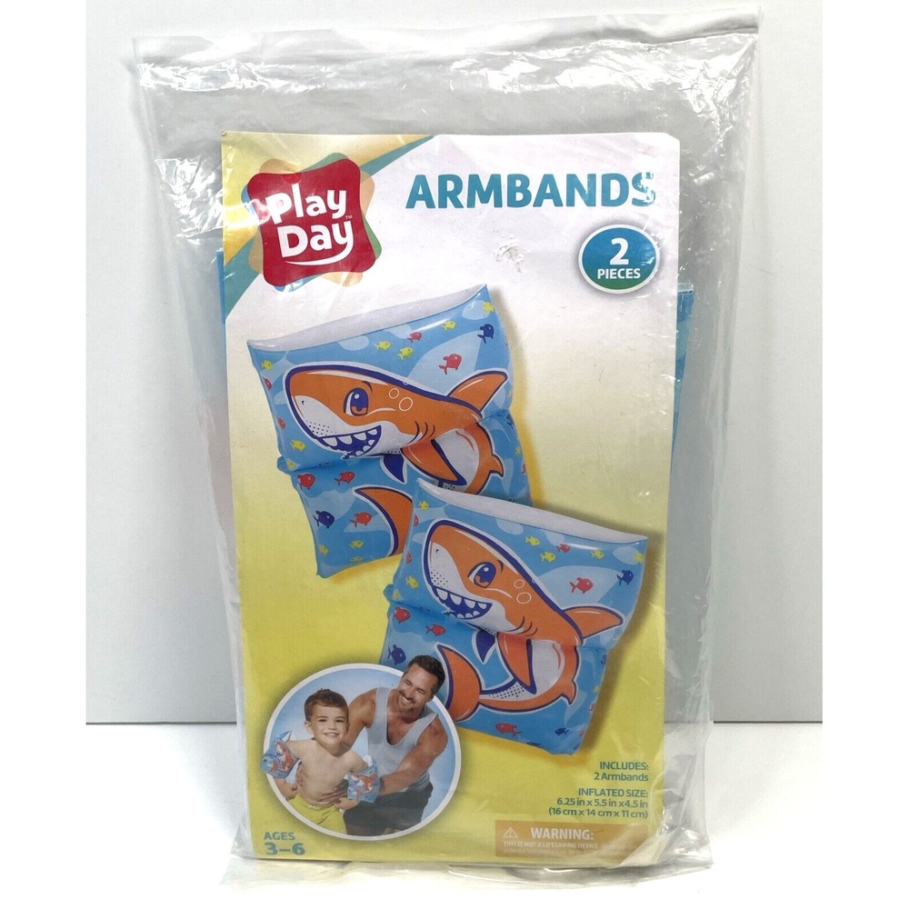 2 Play Day Inflatable Sharks Printed Armbands in Blue Ages 3-6 NEW Water Wings